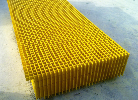 Yellow fiberglass grating panels with square hole